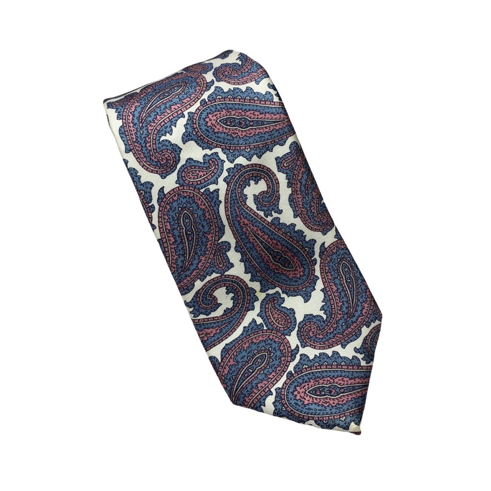Executive white back with blue and pink paisley print tie 100% silk 3” wide 60”